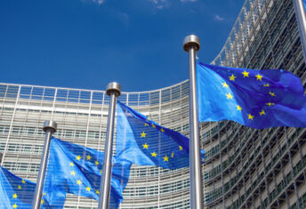 Image of several European Union flags.
