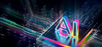 Rendering of a computer chip with 'AI' written on top.