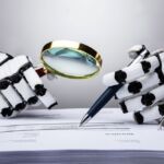 Investors turning to AI to monitor ESG controversies in-house Illustration of robot with artificial intelligence (AI) writing and checking a document.