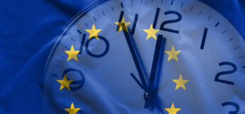 Double exposure of clock and blue flag of European Union