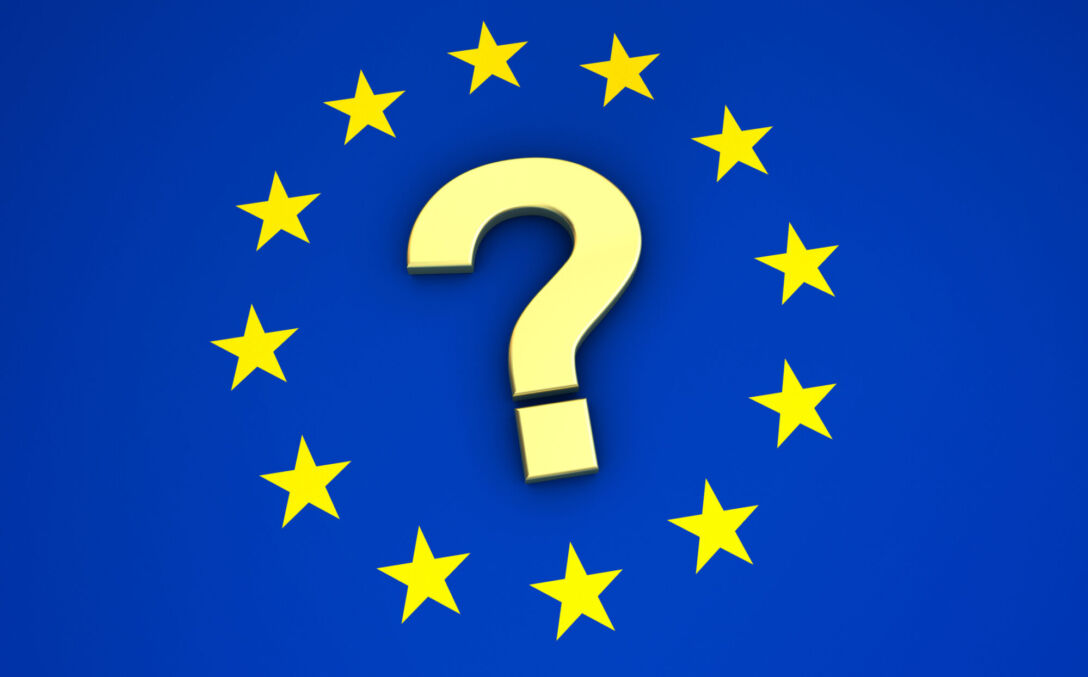 European union flag and question mark icon and symbol EU community future concept 3d illustration.