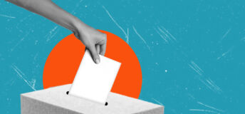 A person casting a ballot into a gray box against a vibrant blue background with a sunburst, symbolizing civic engagement and democracy. ballot box. voting.