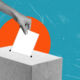 A person casting a ballot into a gray box against a vibrant blue background with a sunburst, symbolizing civic engagement and democracy. ballot box. voting.