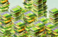 Green and yellow data cubes processing data with artificial intelligence, representing the concept of green technology and sustainable computing