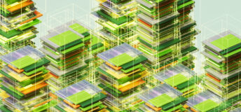 Green and yellow data cubes processing data with artificial intelligence, representing the concept of green technology and sustainable computing