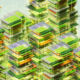 Green and yellow data cubes processing data with artificial intelligence, representing the concept of green technology and sustainable computing