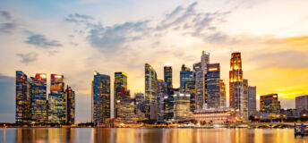 Moody Sky at Sunset with Reflection in Marina Bay, Long Exposure to Blur Water