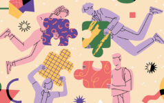 Photo of people in a group flying in an abstract space, holding big connecting puzzle pieces.